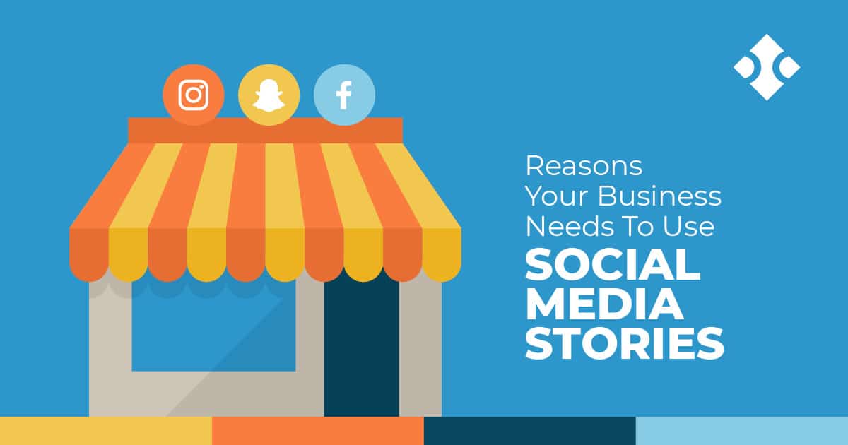 Graphic of a store with social media icons on top.
